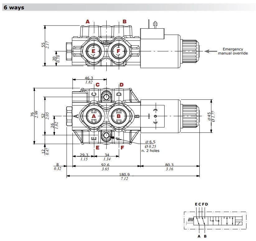 Walvoil, 12V DC, 6 Ways, 3/8 BSP, Open, Galvanized Solenoid Diverter Valve, DFE052/6A18ES-W201-12VDC